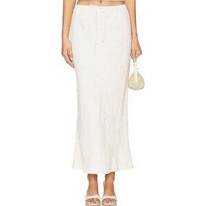 Women's White Linen with Lining Drawstring Flowy Flared Hem Long Maxi Skirt